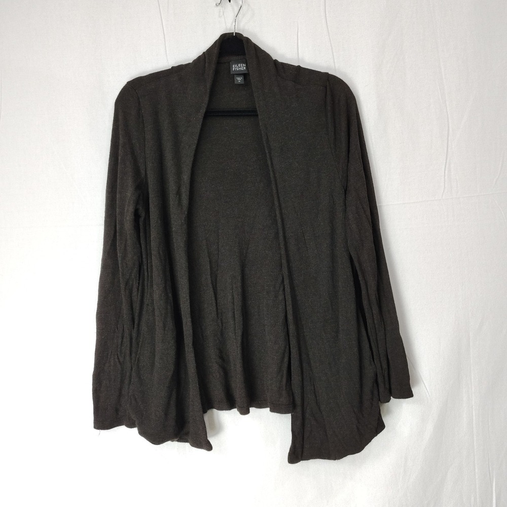 Eileen Fisher Viscose Cardigan Brown Size M Open Front Pockets Stretch Lagenlook